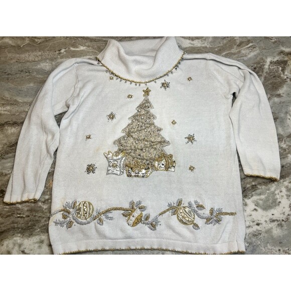 Vintage Victoria Jones White Ugly Christmas Sweater Tree Silver Gold Size L - Picture 1 of 12